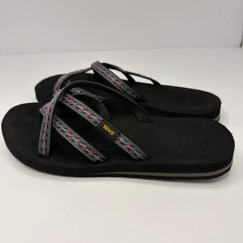 Teva Sandals Womens 9 Olowahu Casual Slip On Flip Flops Flats 6840 Black Fabric - Picture 3 of 9